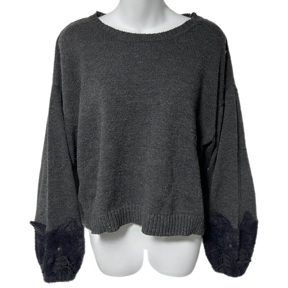 Rivet & Surge Grey Cropped Sweater Fuzzy Kitty Cat Cuff Sleeves M